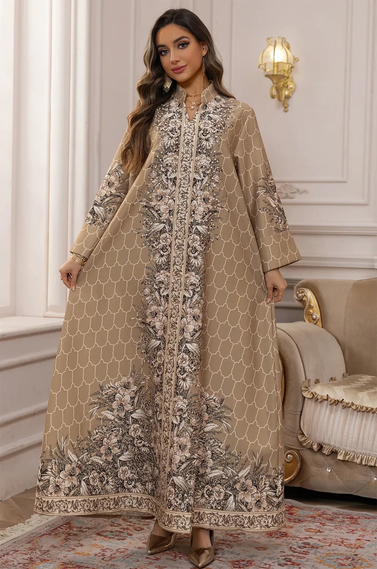 Full-length view of the Elora Beige traditional Turkish kaftan showcasing the wide A-line flare and detailed hemline.