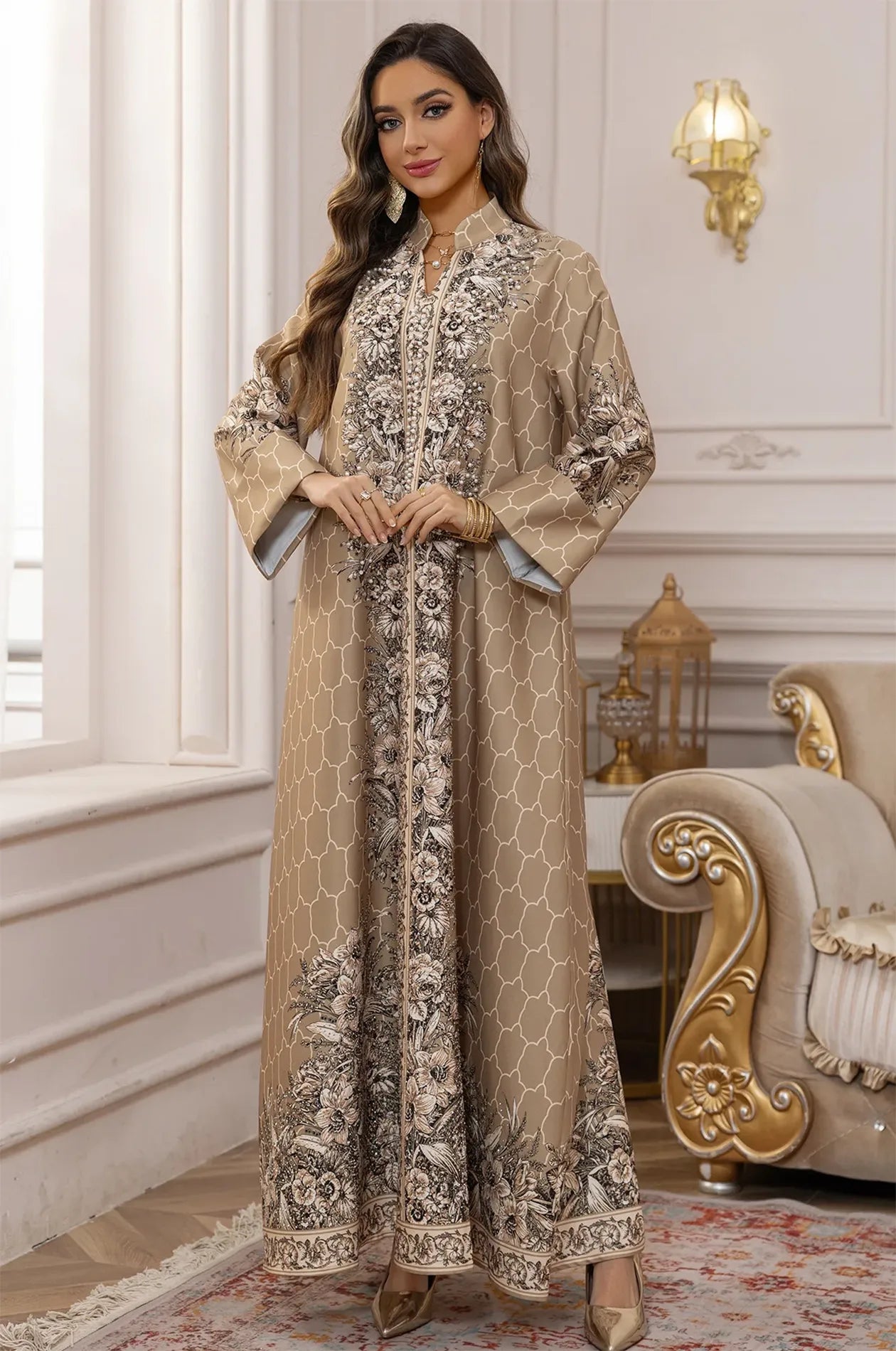 Frontal view of the Elora Beige traditional Turkish kaftan in a luxury setting, perfect for wedding guests and galas.