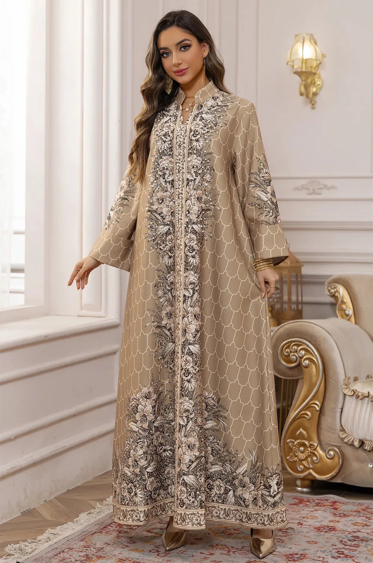 Elegant front view of the Elora Beige kaftan, a premium modest luxury choice for formal Turkish-style celebrations.