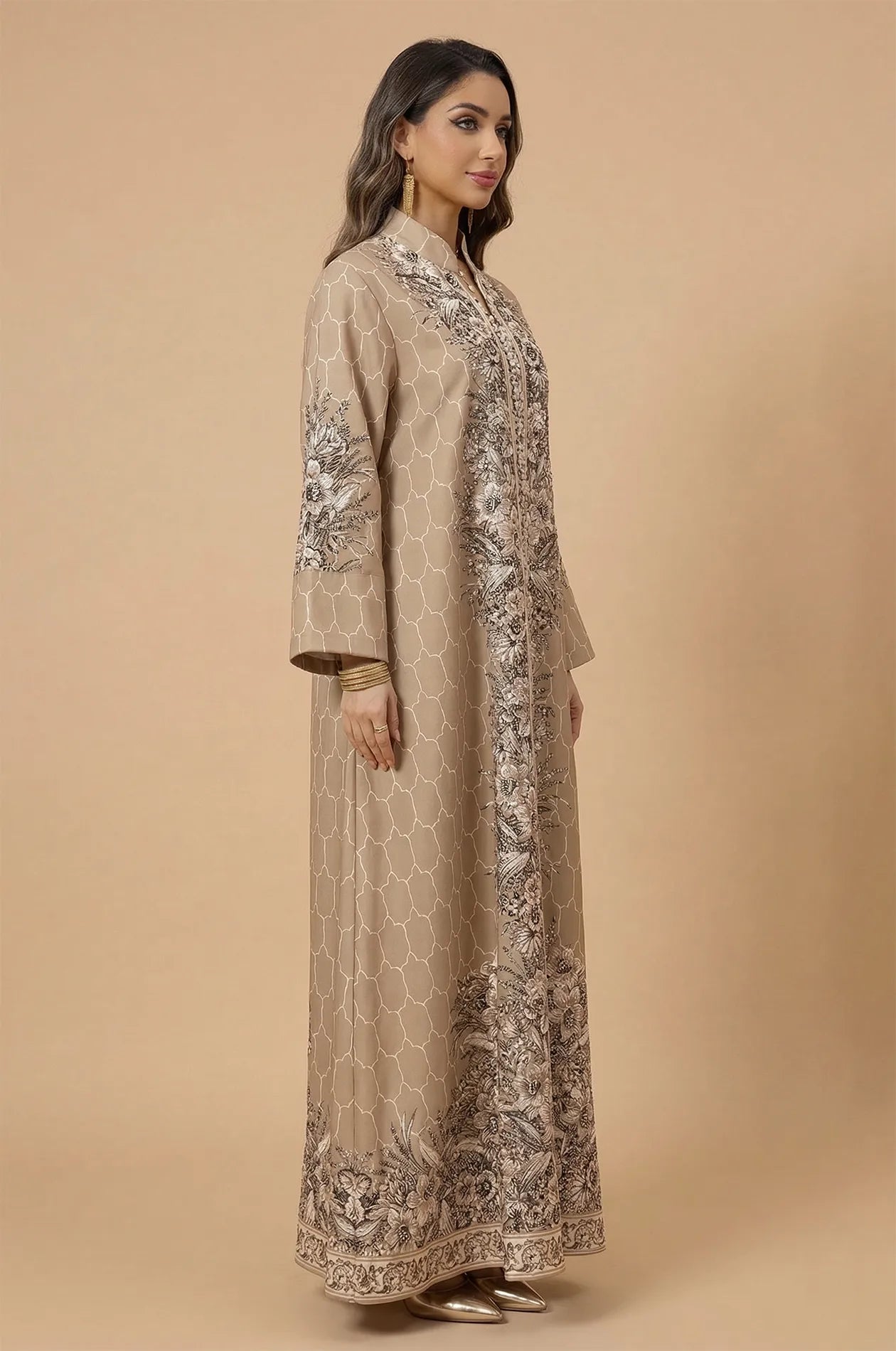 Side profile of the Elora Beige kaftan highlighting the modest silhouette and elegant floor-length fabric drape.