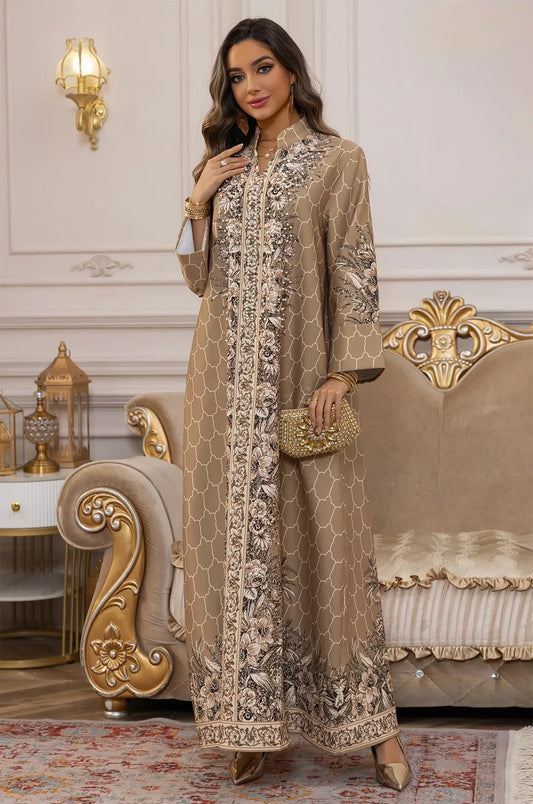 Complete evening look featuring the Elora Beige traditional Turkish kaftan styled with a luxury gold clutch bag.