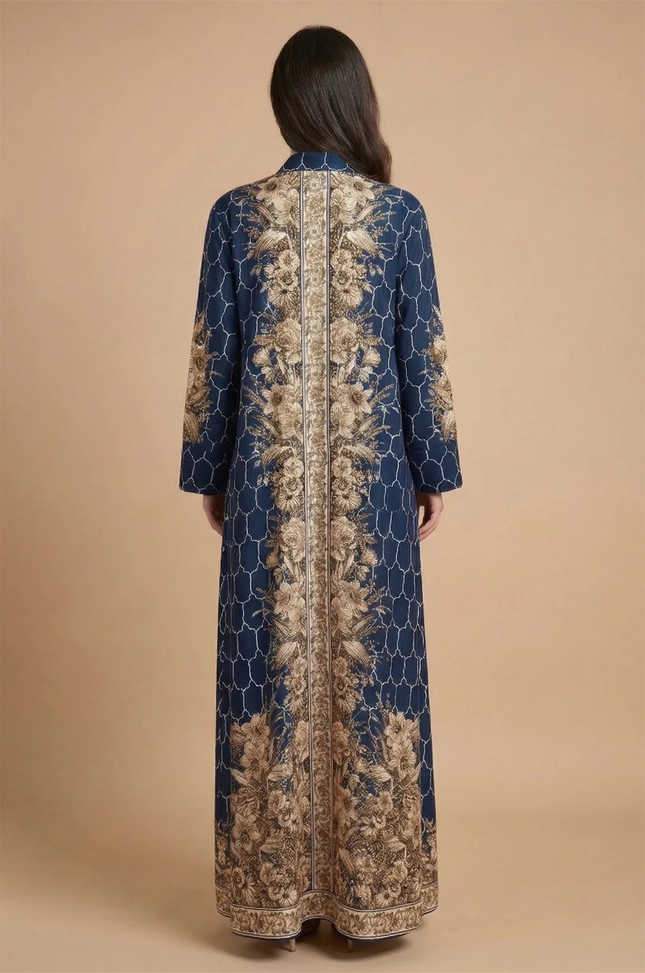 Rear view of the Elora Blue traditional Turkish kaftan by Naylara showing the symmetrical spine embroidery and geometric lattice pattern.