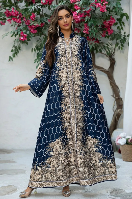 Full-length outdoor shot of the Elora Blue traditional Turkish kaftan, perfect for high-end formal modest occasions.