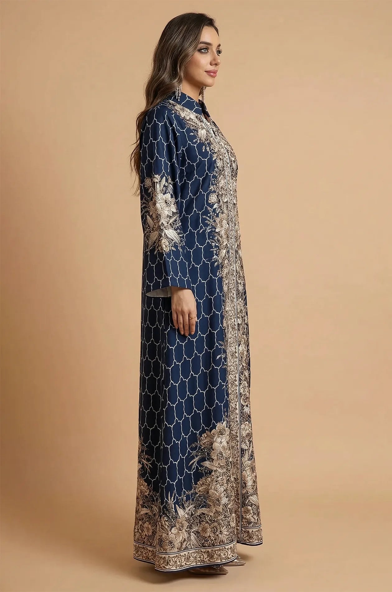 Side profile of the Royal Blue Elora kaftan highlighting the elegant floor-length drape and modest silhouette.
