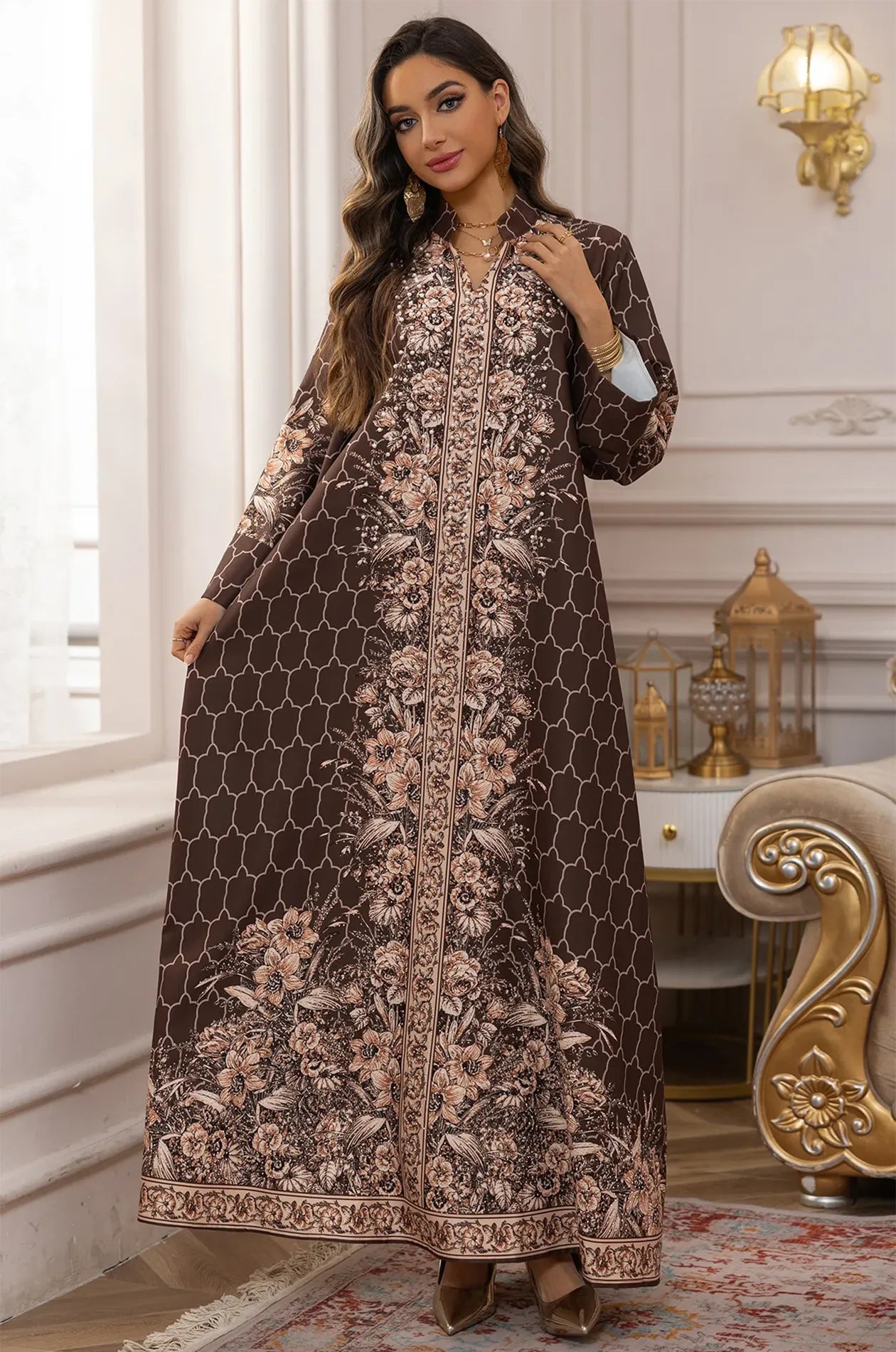 Full-length view of the Elora Brown traditional Turkish kaftan showcasing the rich chocolate fabric and ivory floral motifs.