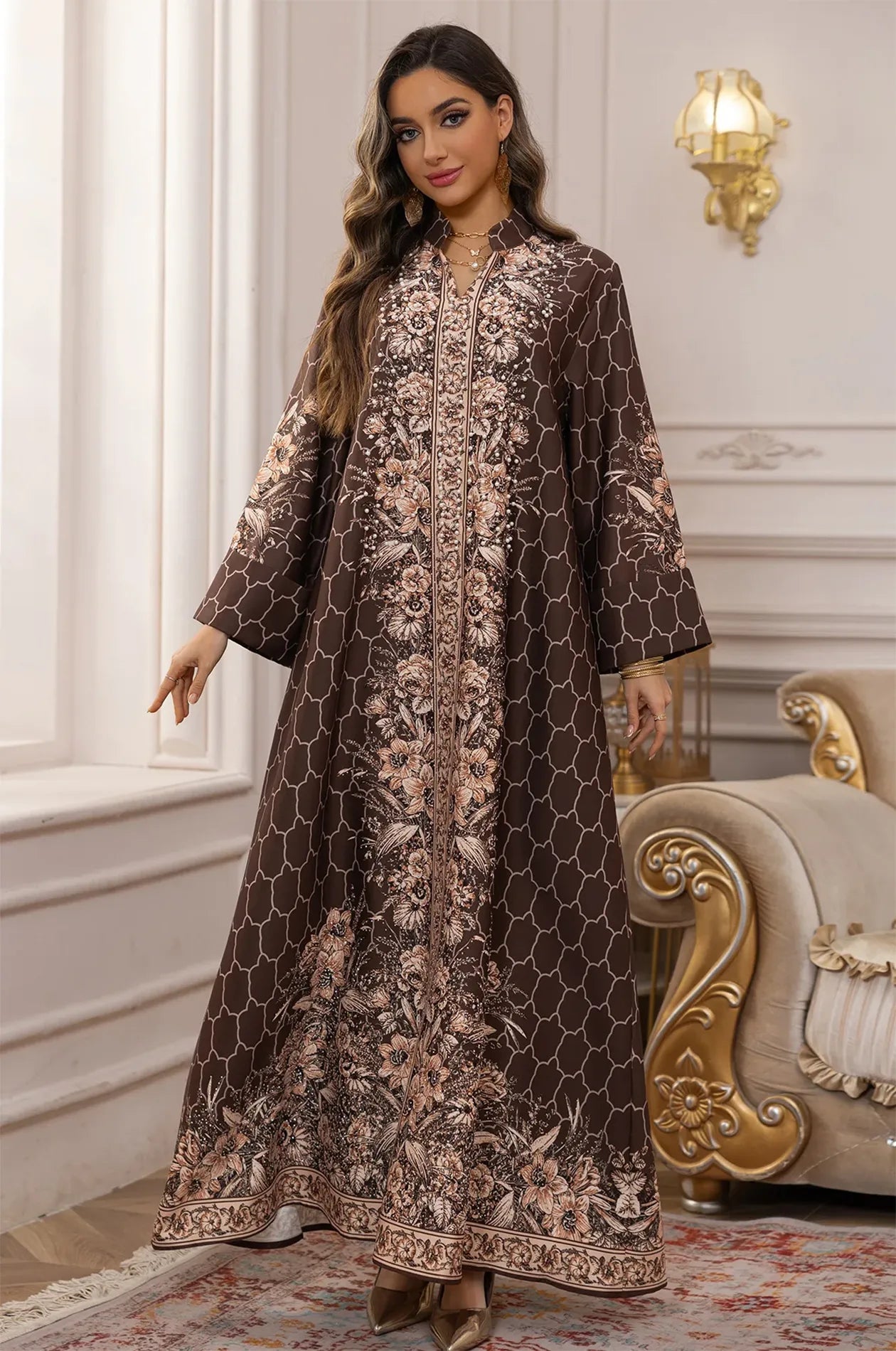Turkish Traditional Kaftan Dress - Party & Evening Gala - Geometric Bronze Floral Bell Sleeve Stand-up Collar - Chiffon - US 10