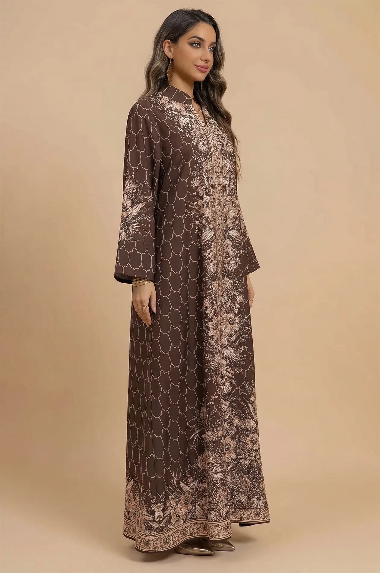 Side profile of the Naylara Elora Brown kaftan highlighting the modest silhouette and elegant bell sleeve drape.