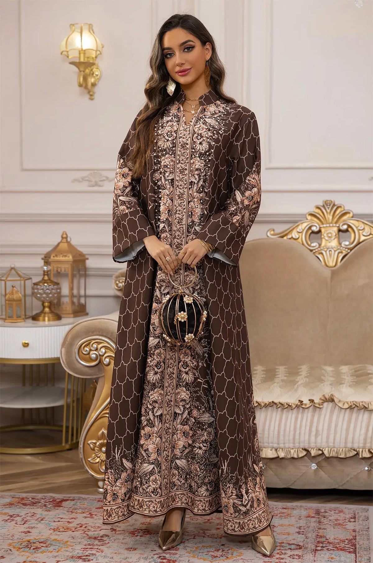 Styling the Elora Brown traditional Turkish kaftan with a luxury gold cage clutch for a sophisticated evening look.