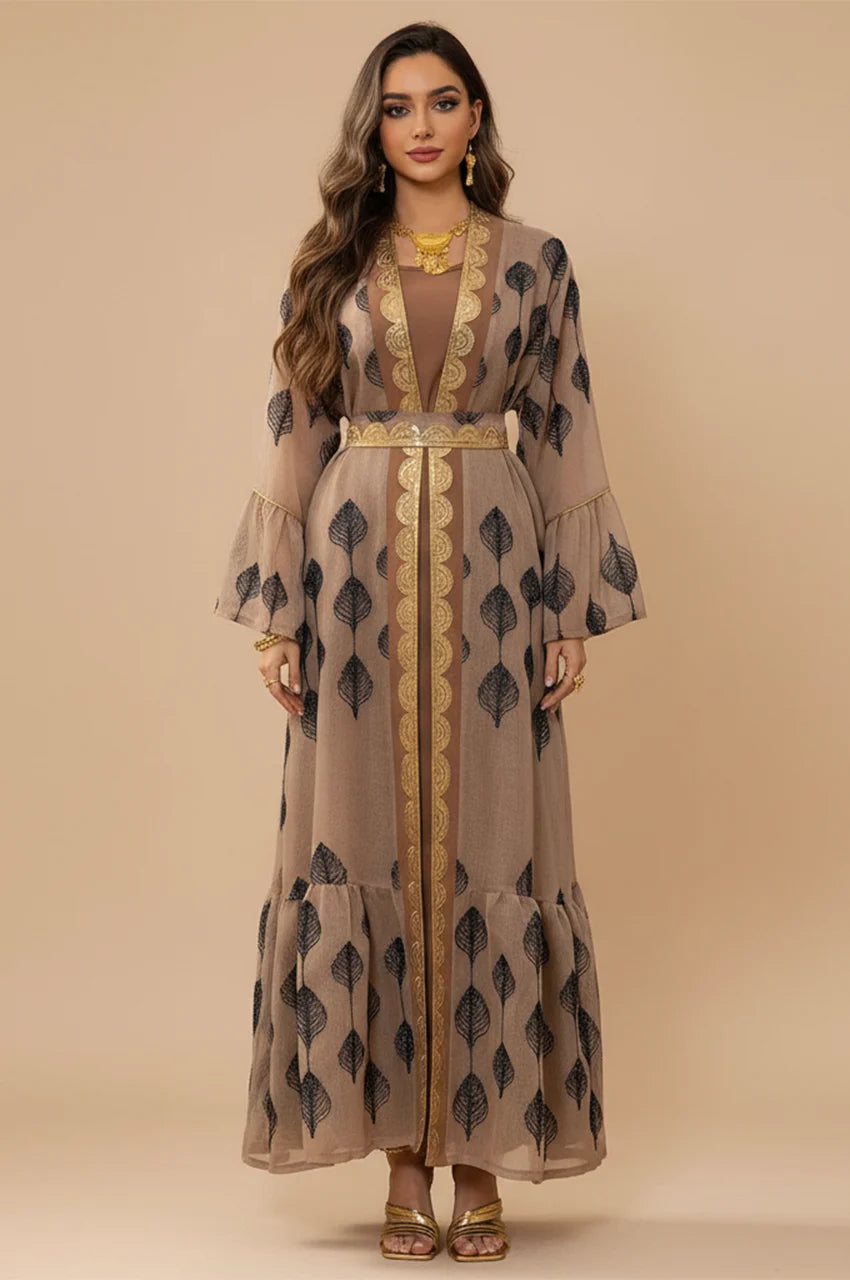 Full front view of the ELSIA khaki kaftan featuring black leaf embroidery and gold Sfifa braiding.