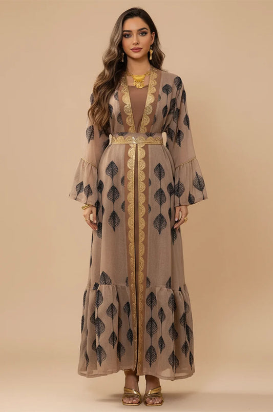 Full front view of the ELSIA khaki kaftan featuring black leaf embroidery and gold Sfifa braiding.