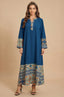 Front view of Elyah indigo kaftan with orange floral print borders at Naylara