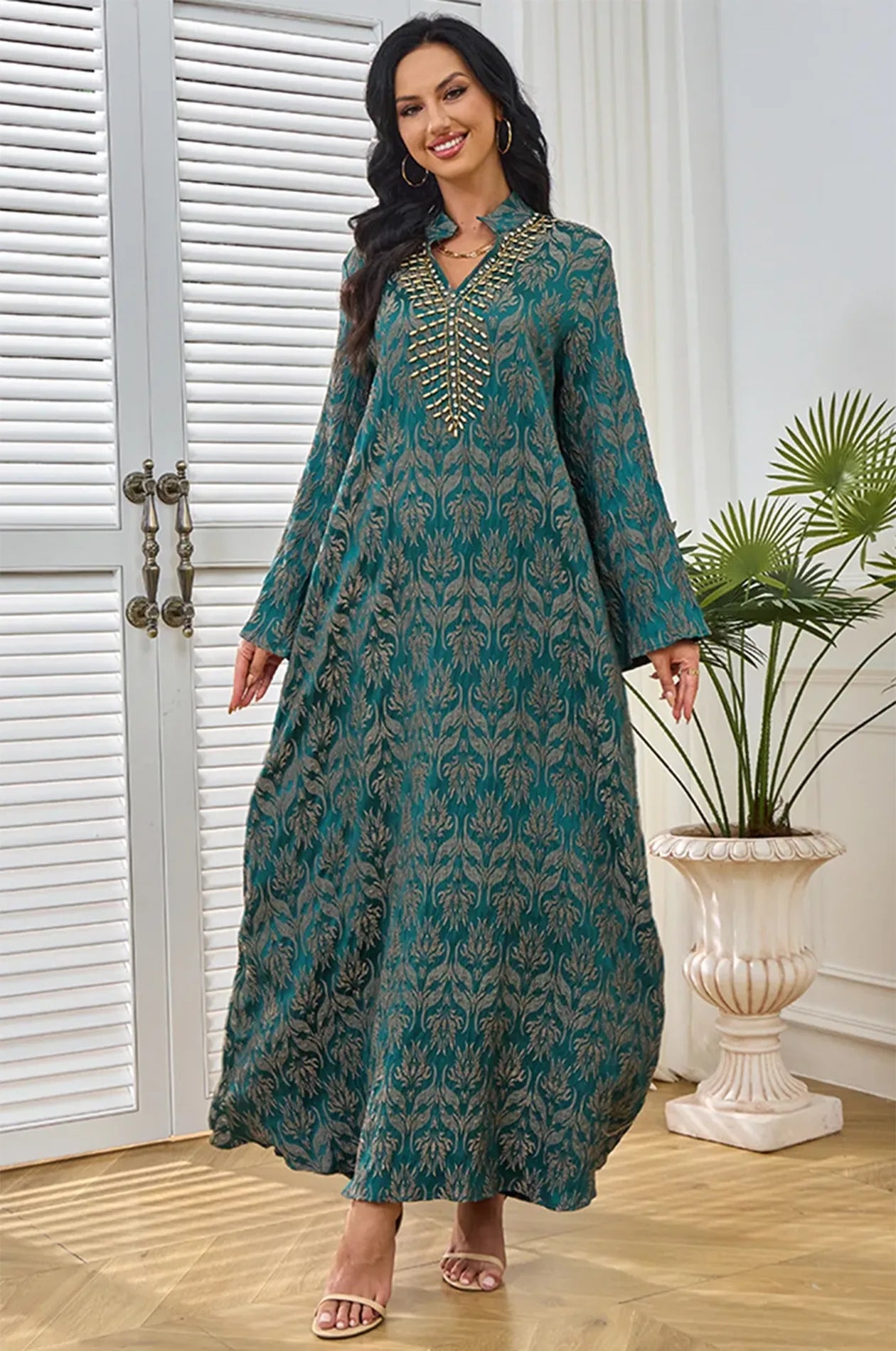 Kaftan Dress - Wedding Guest & Gala Event - Gold Beaded Crystal V-Neck Bronze Damask - Jacquard-Style Weave - US 12