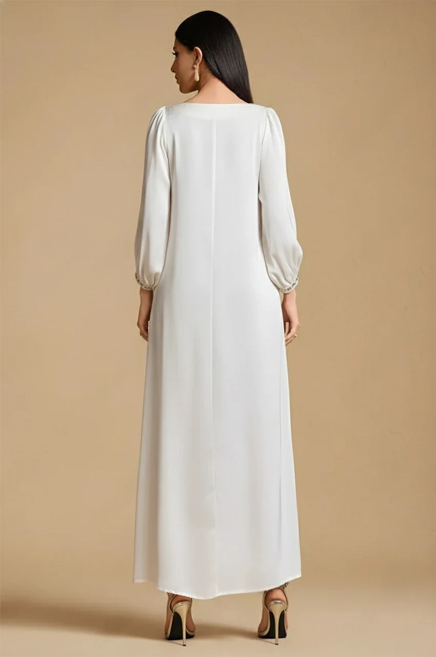 Fiore white embellished kaftan back view in satin with elegant long sleeves