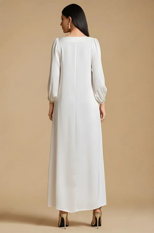 Fiore white embellished kaftan back view in satin with elegant long sleeves