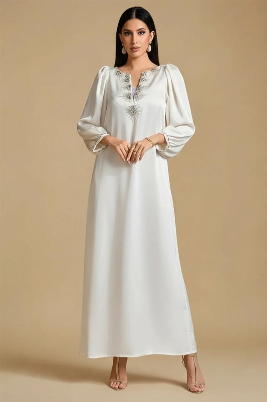 Fiore white embellished kaftan front view with embroidered neckline and satin finish