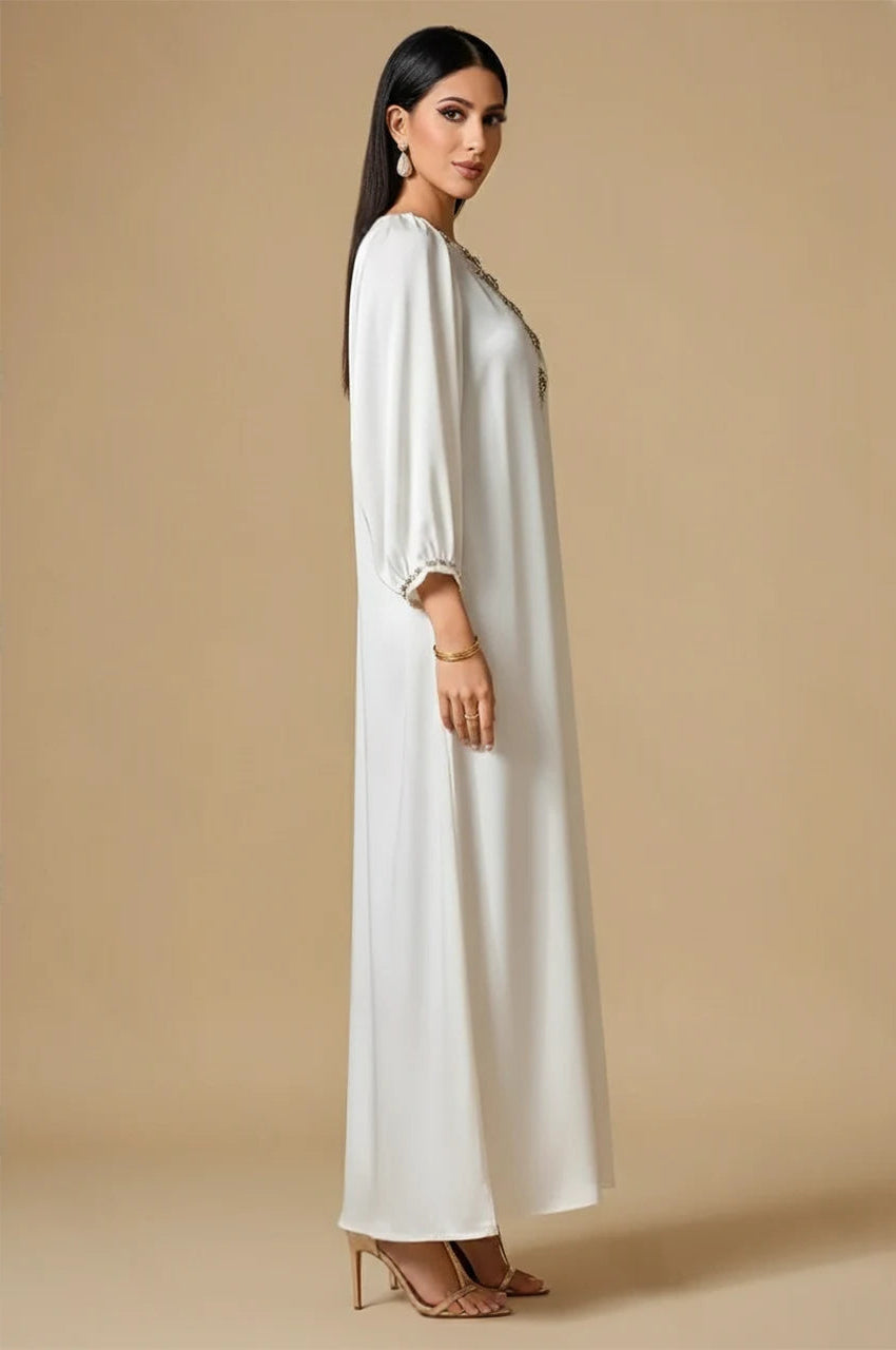 Fiore white embellished kaftan side profile showing balloon sleeves and straight silhouette