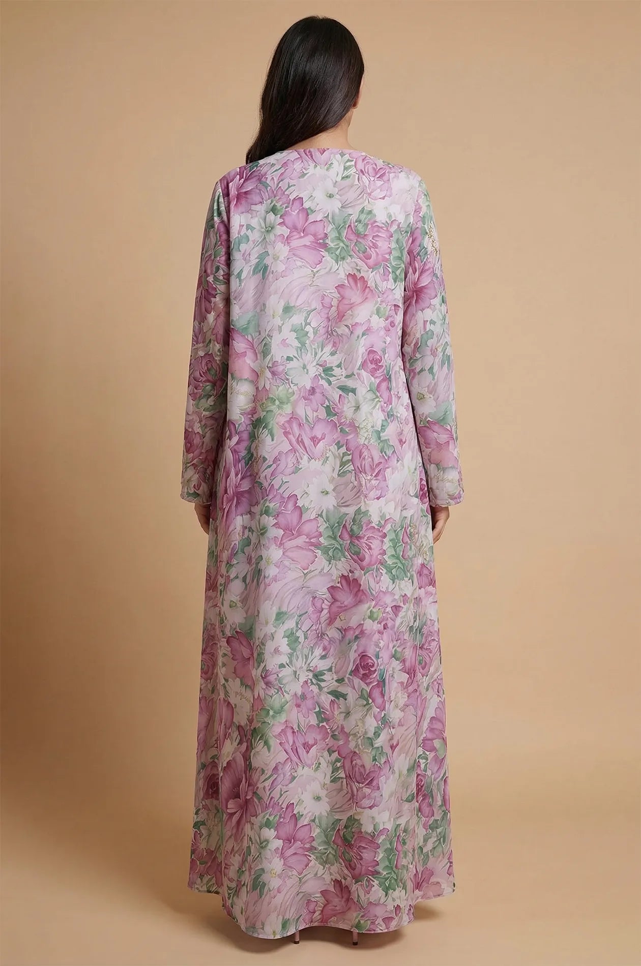 Back view of the Suri floral kaftan illustrating the floor-length flowy silhouette.