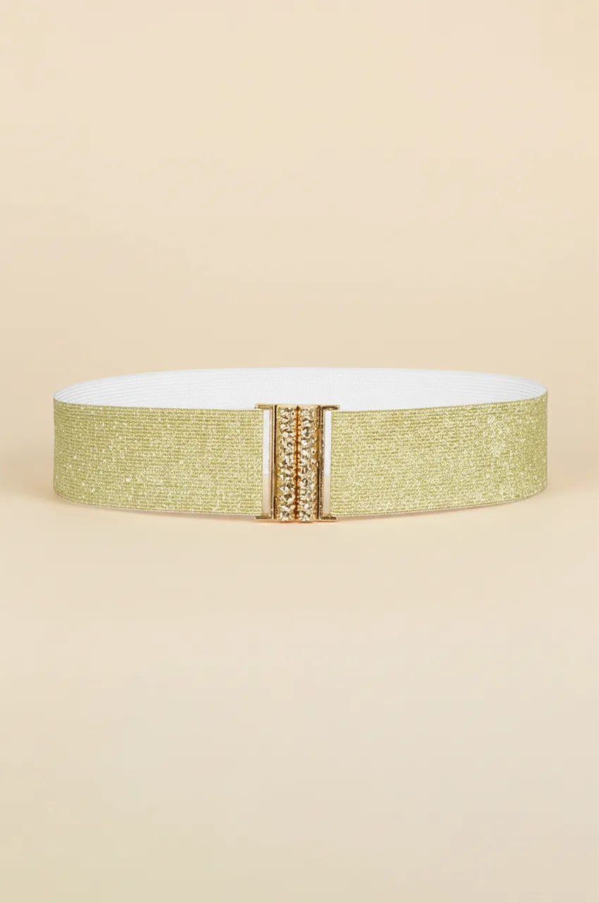 Front view of Naylara gold glitter elastic waist belt featuring a rhinestone interlocking buckle.
