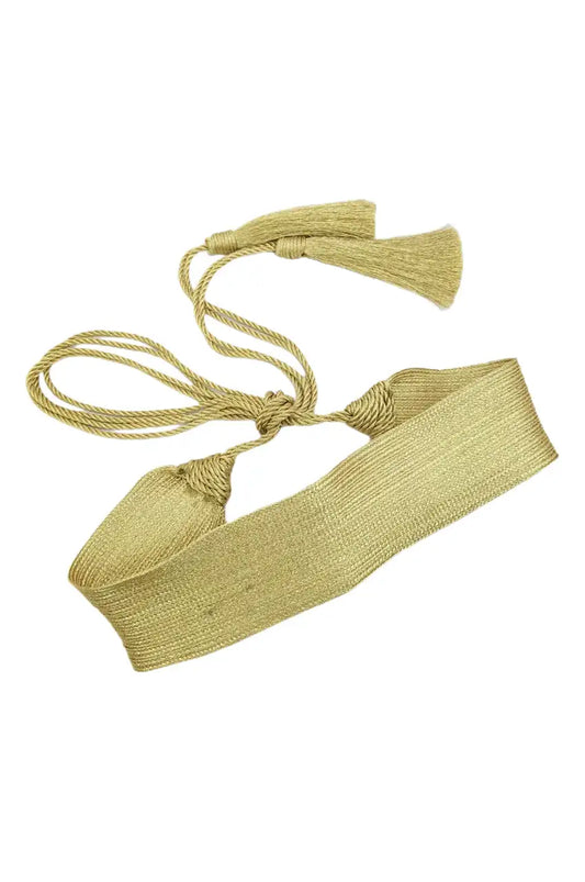 Flat lay display of the gold boho waist belt showing the full length of the ties.