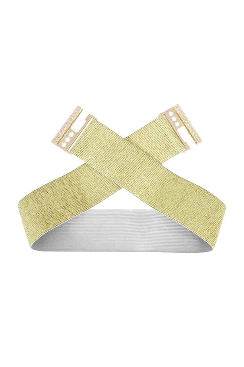 Gold wide stretch belt crossed over to display flexibility and comfortable white elastic lining.