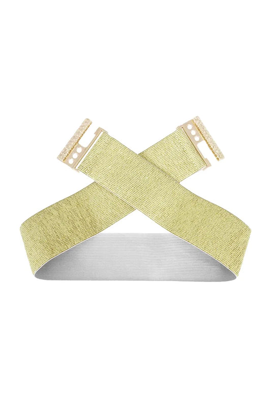 Gold wide stretch belt crossed over to display flexibility and comfortable white elastic lining.