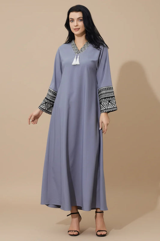 Full length view of Keyla slate gray kaftan with geometric embroidery.