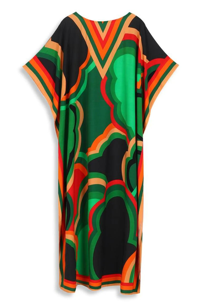 Flat lay of green abstract print kaftan dress back view