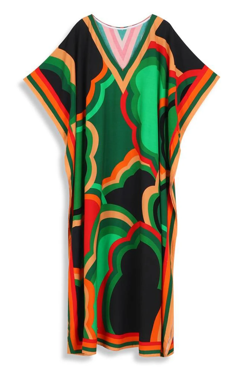 Flat lay of green abstract print kaftan dress front view
