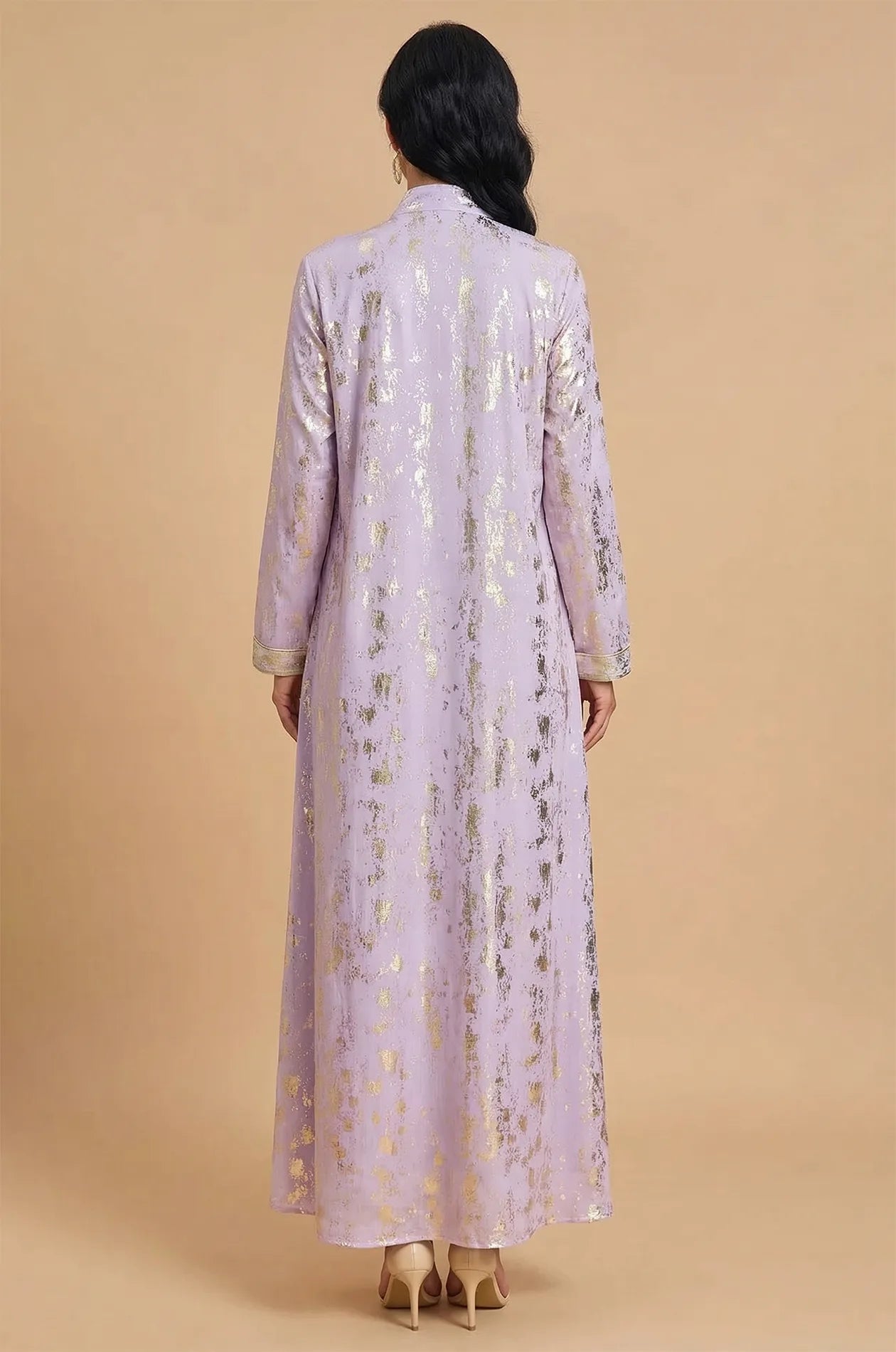 Back view of the Halim lilac kaftan showing the gold foil print distribution.
