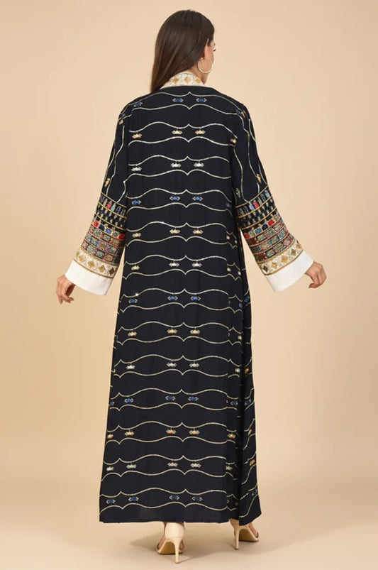 Back view of the floor-sweeping HALIYA black plus size sequin kaftan showing the relaxed modest fit.