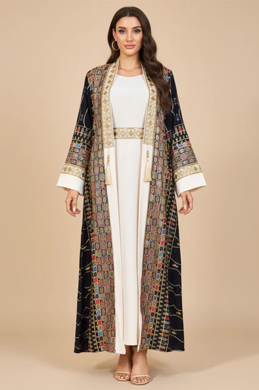 Full front view of the HALIYA black plus size sequin kaftan with white inner slip and gold embroidery.