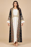 Full front view of the HALIYA black plus size sequin kaftan with white inner slip and gold embroidery.