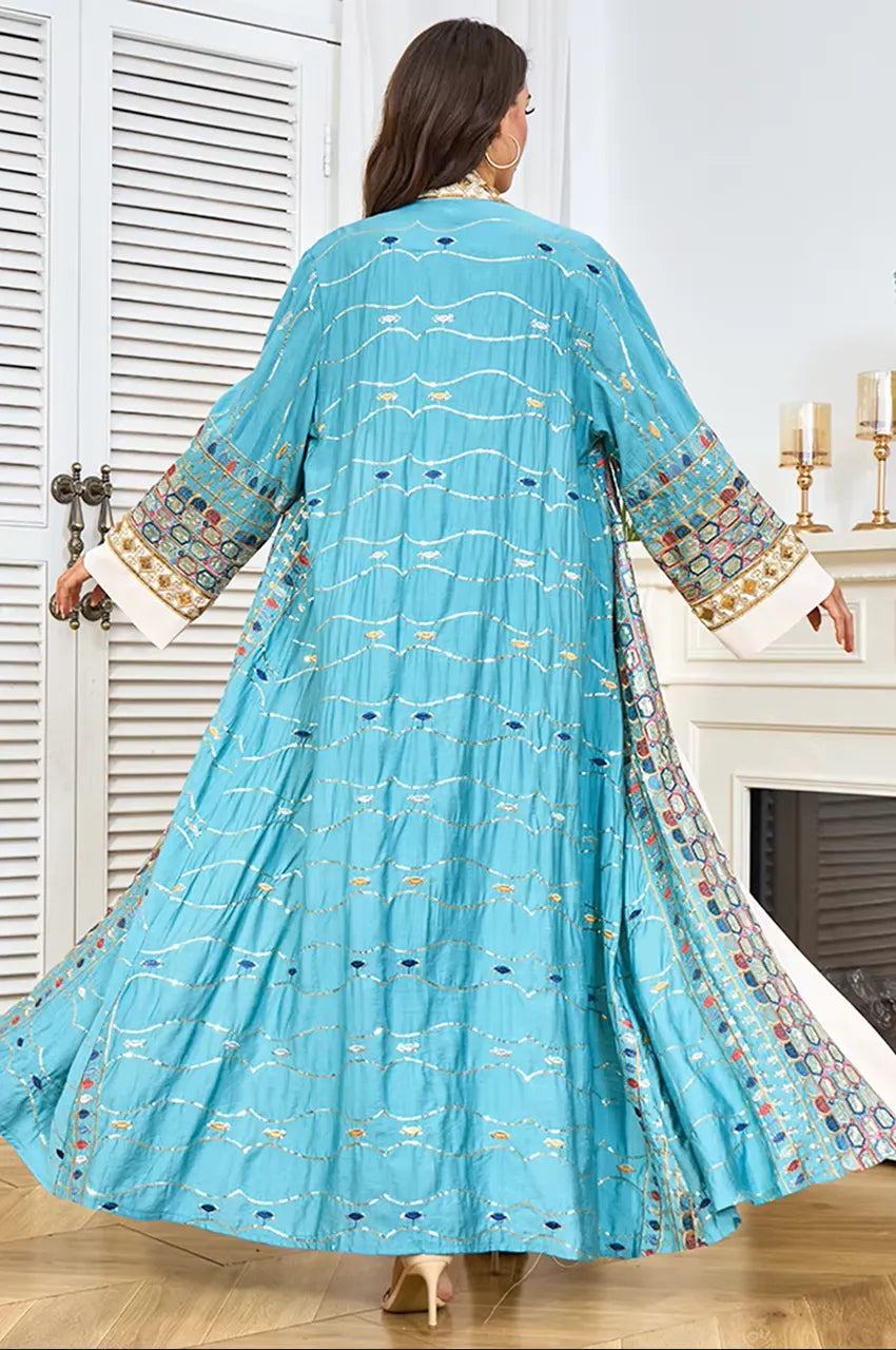 Back view of the floor-length HALIYA sky blue plus size sequin kaftan showcasing its fluid drape.
