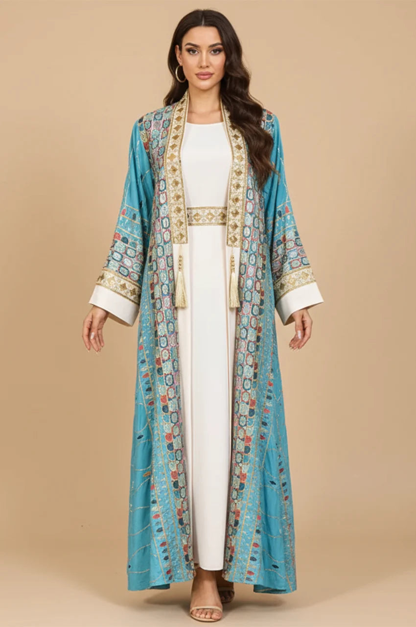 Full front view of the HALIYA sky blue plus size sequin kaftan featuring vibrant tapestry embroidery.