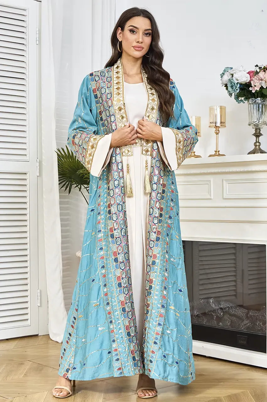 HALIYA sky blue plus size sequin kaftan styled as a modest Nikah ceremony or bridal shower outfit.