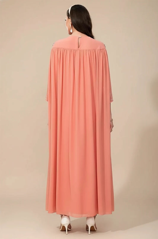 Back view of Peach Ilana Goddess Kaftan with long draped cape