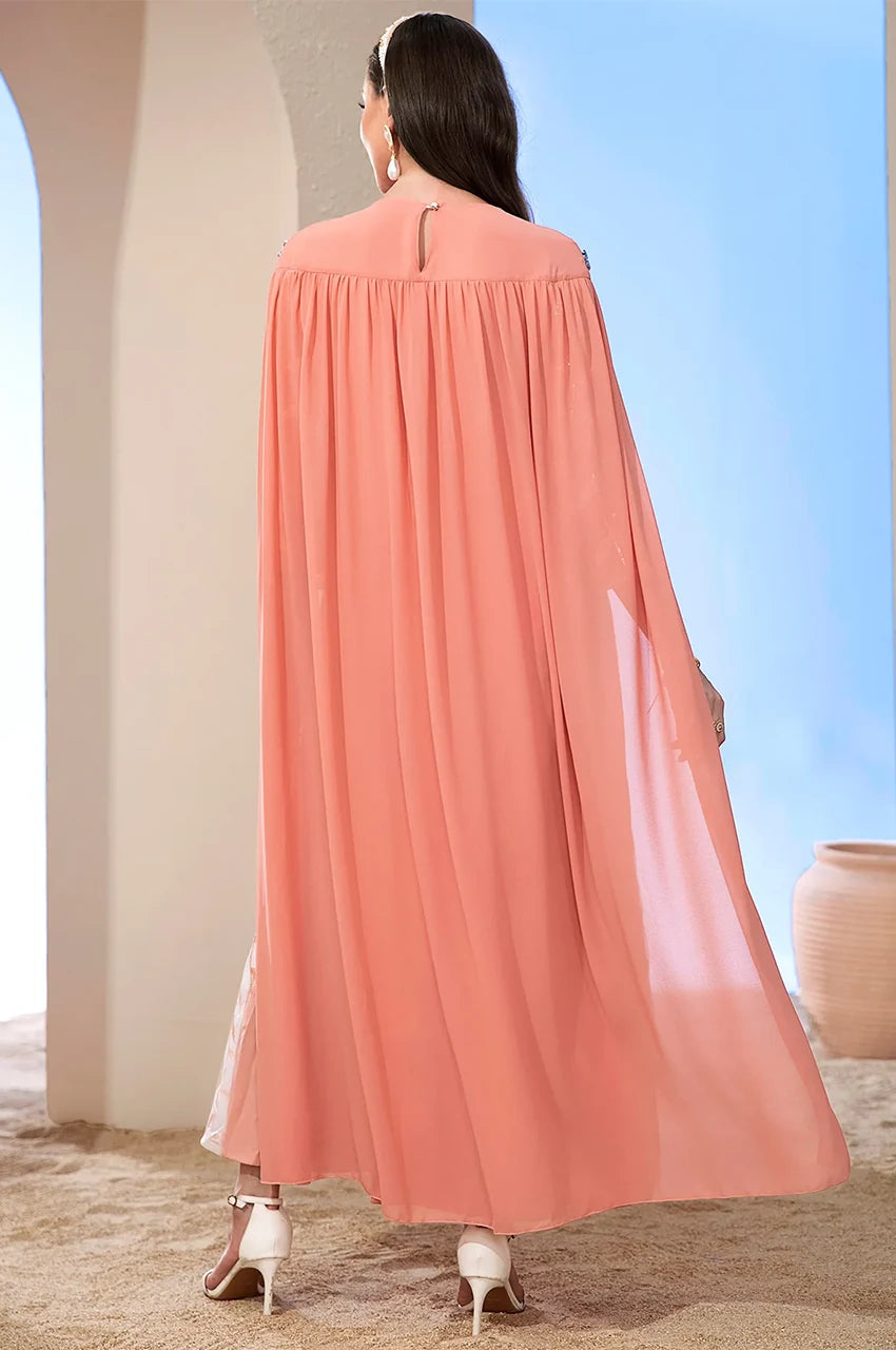 Back view of Ilana Peach embroidered cape kaftan