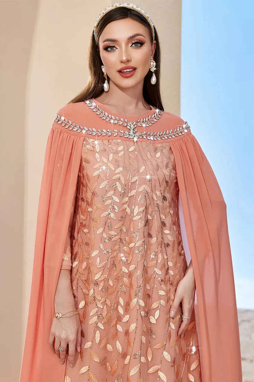 Close-up of crystal neckline and leaf embroidery on Peach Ilana Kaftan