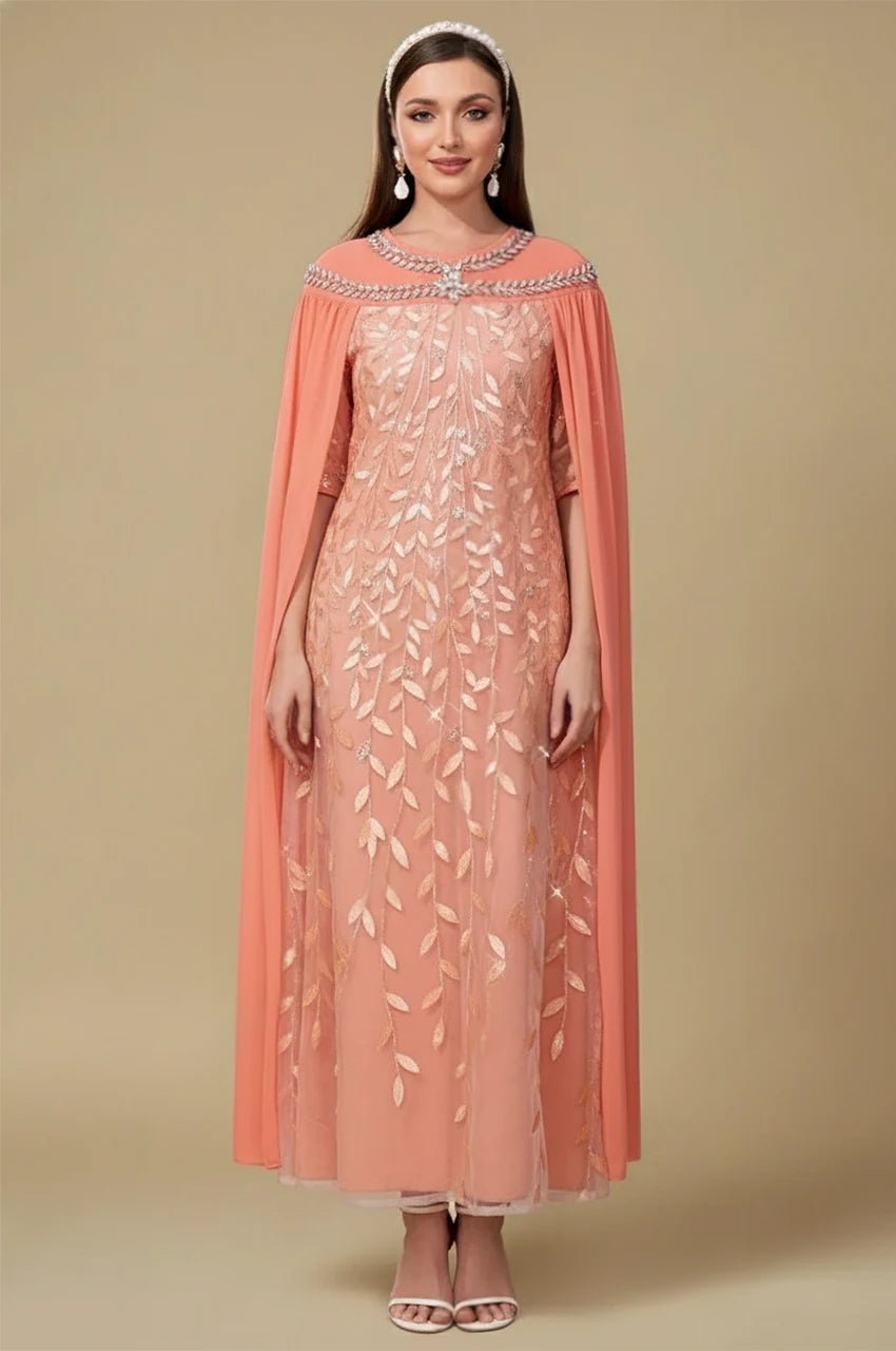Ilana Goddess Kaftan in Peach – front view with embroidered leaf design and chiffon cape