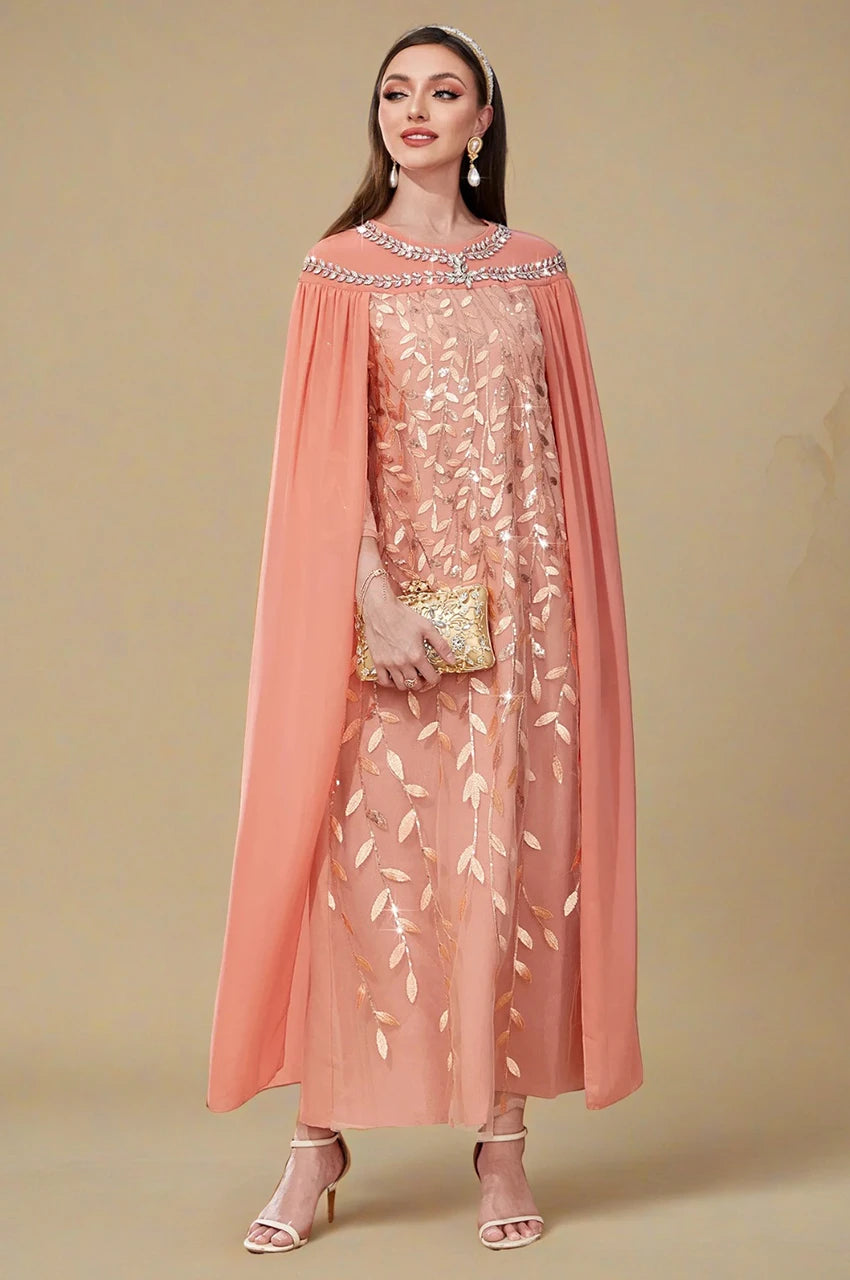 Full-length view of Ilana Peach Goddess Kaftan with luxury leaf embroidery