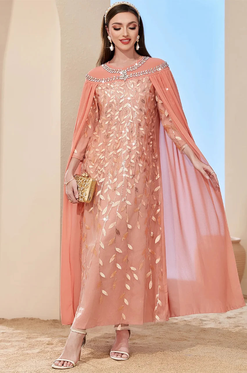 Luxury chiffon cape and embroidery details of Ilana Peach Kaftan