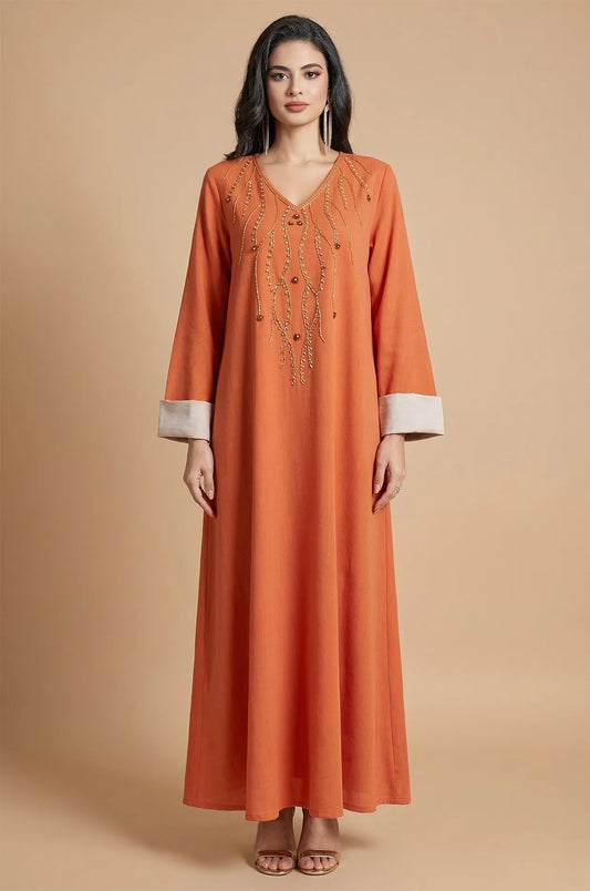 Full front view of the Ilena orange embellished kaftan dress with gold beadwork.
