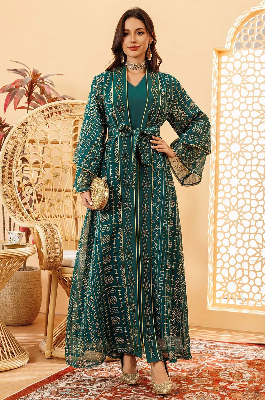 formal kaftan dress - Resort & Wear - 2-Piece White Geometric Embroidery Belted - Sheer Chiffon - US 8 t shirt romper Berenice Plus Size Evening Bespoke made Color:Dark Champagne