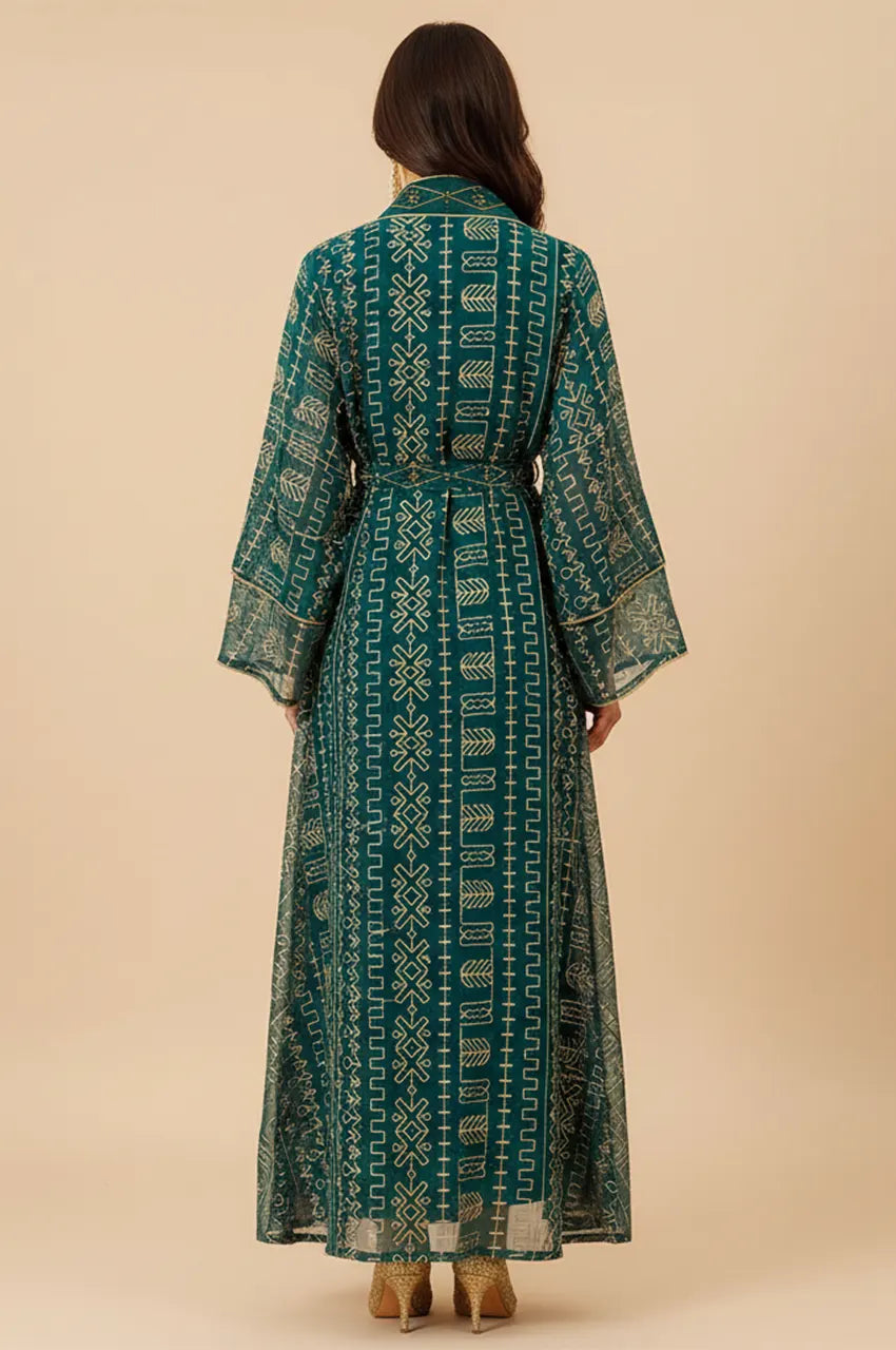 Back view of the ILYAH green embroidered belted kaftan dress highlighting the floor-length drape.