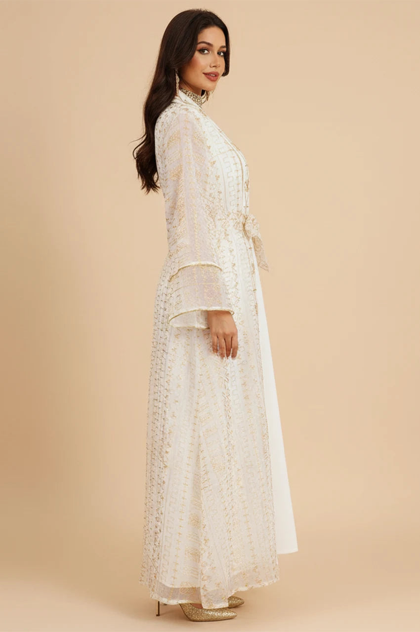 Side profile of the ILYAH ivory white embroidered belted kaftan dress showcasing the 2-piece layering.