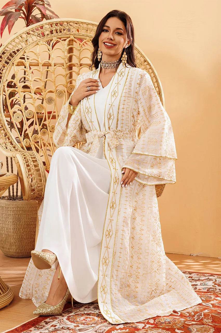 Kaftan Dress - Resort & Formal Wear - 2-Piece White Geometric Embroidery Belted - Sheer Chiffon - US 10