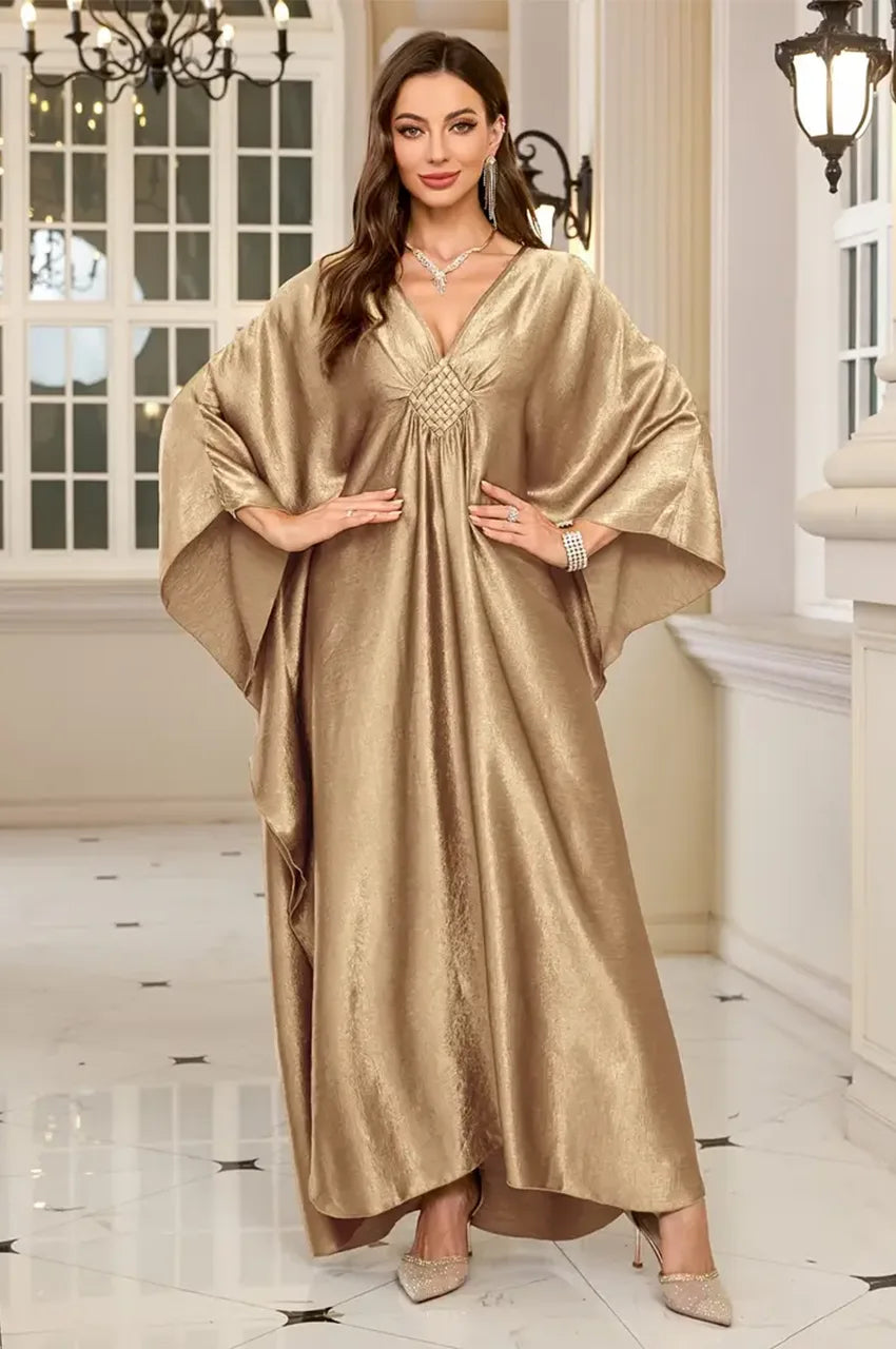 gold batwing dress Kaftan - Evening Gala & Wedding Guest - Sleeve Ruched V-Neck - Metallic Shimmer Satin - US 0-18 atf-kg-04.28.25 Elegant Black Gothic Lace Styling tips Size:2-3 Year Dress