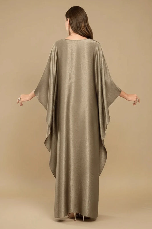 Inara silver batwing kaftan back view with full-length draped metallic fabric and loose fit