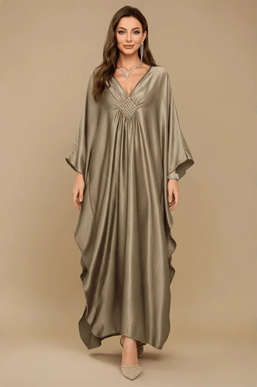 Inara silver batwing kaftan front view with draped metallic fabric and V-neckline