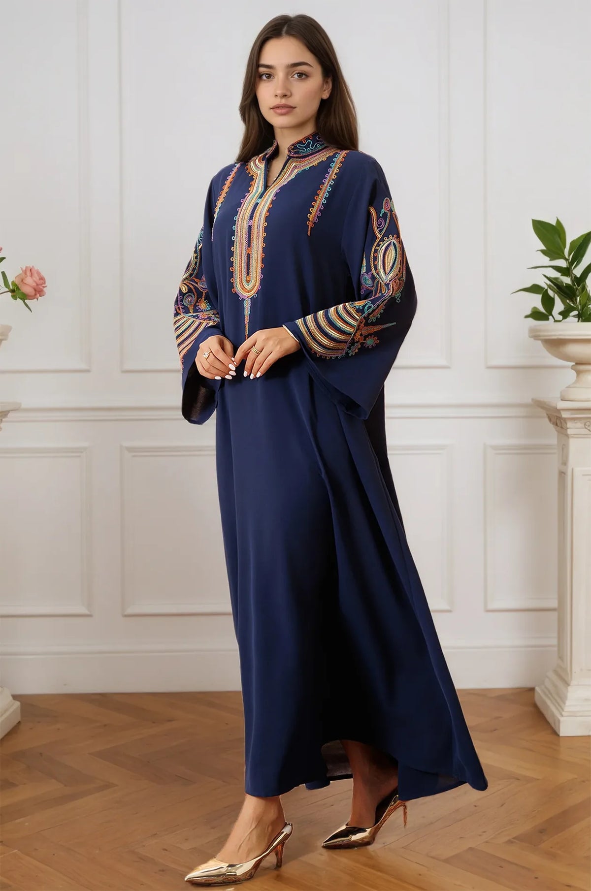 Model in motion wearing the Inez Blue Jalabiya Kaftan, emphasizing the movement of the lightweight material.